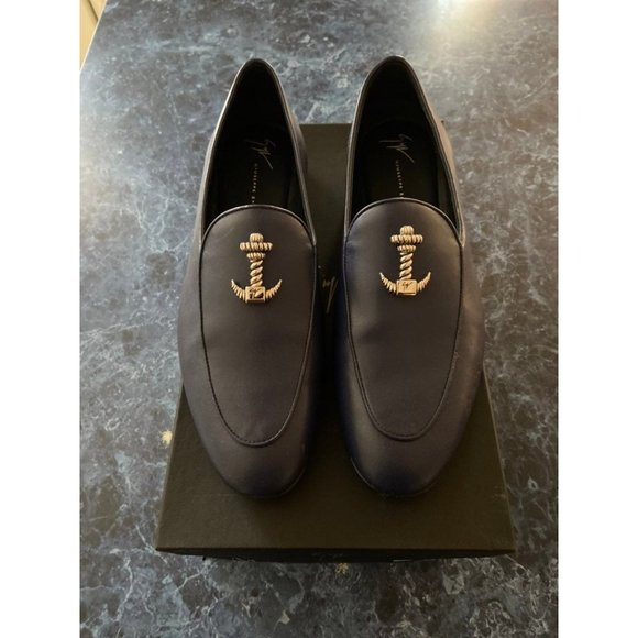 Giuseppe Zanotti Navy Loafers with Gold Anchor Detail - Picture 1 of 10